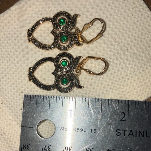 Earrings Owl sparkly Gold tone and Green - Picture 7 of 9